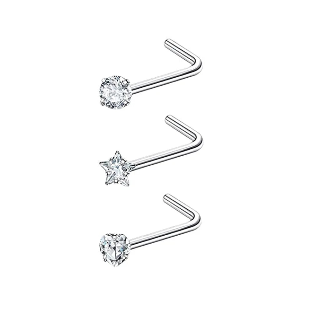 1-piece silver 3mm round nose stud, stainless steel titanium steel L-shaped piercing ornament, white accent nose ring.