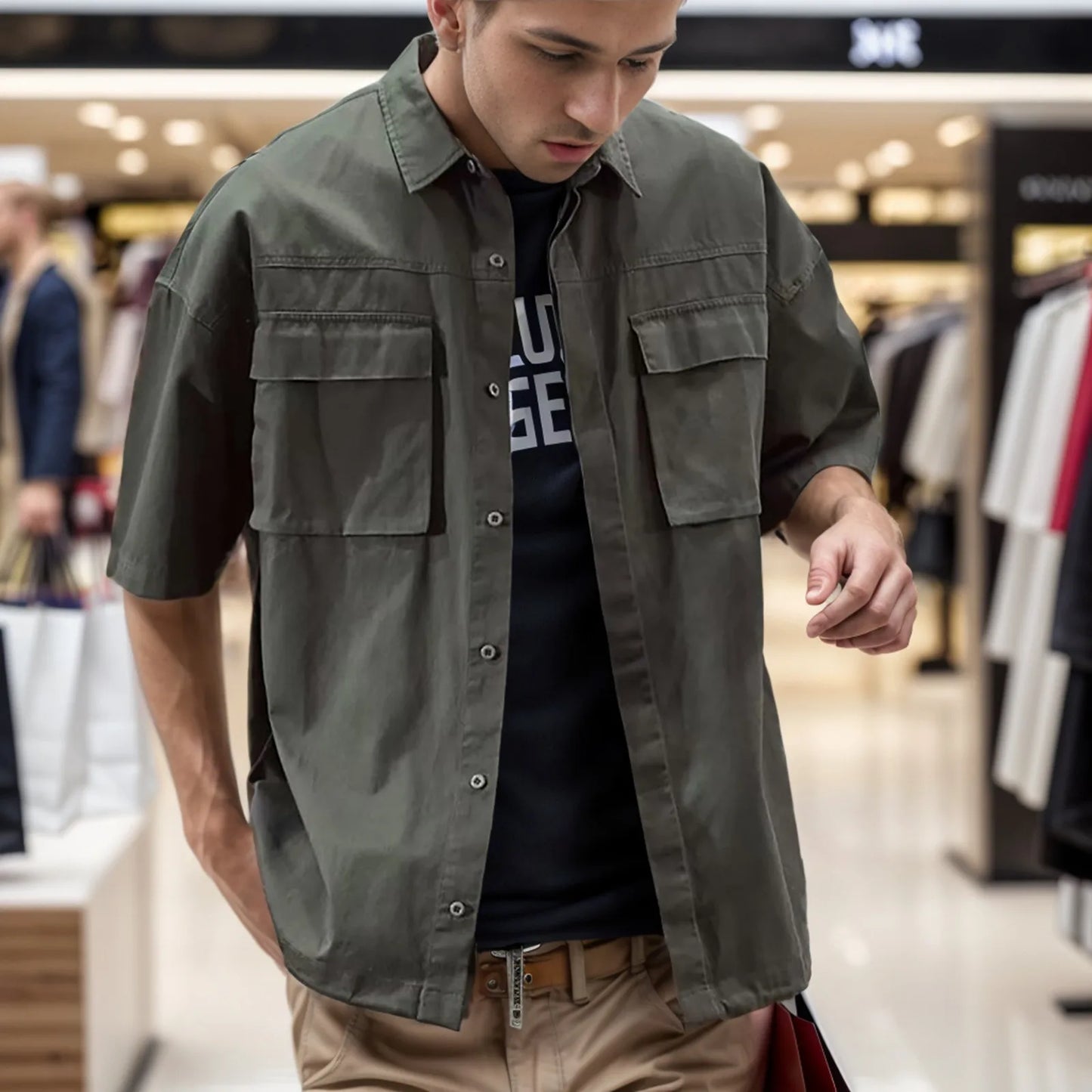 Summer Cargo Blouse Men'S Soild Shirt Pocket Lapel Short-Sleeved Shirts Casual Button Down Blouses For Men Thin Top