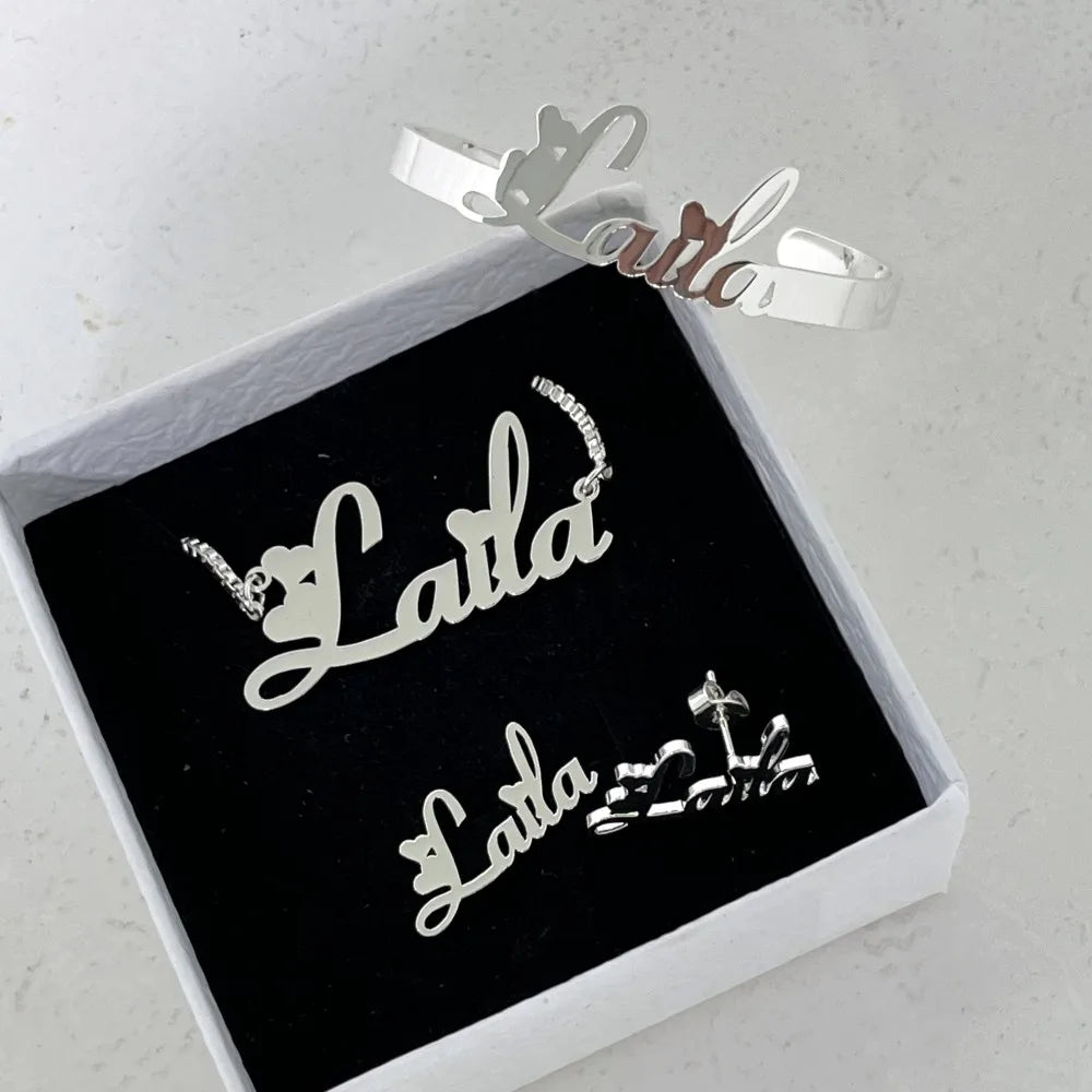 DUOYING Custom Nameplate Jewelry Set Personalized Name Bangles Customized Letter Studs Box Chain ID Necklace For Kids Gft