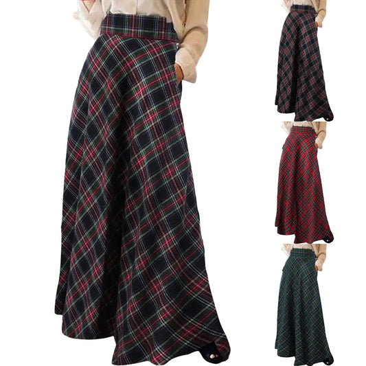Plus Size Vintage Wool Plaid Skirts Women Thick Warm Elegant A Line Long Skirt Korean Style Casual Woolen Checked Skirts