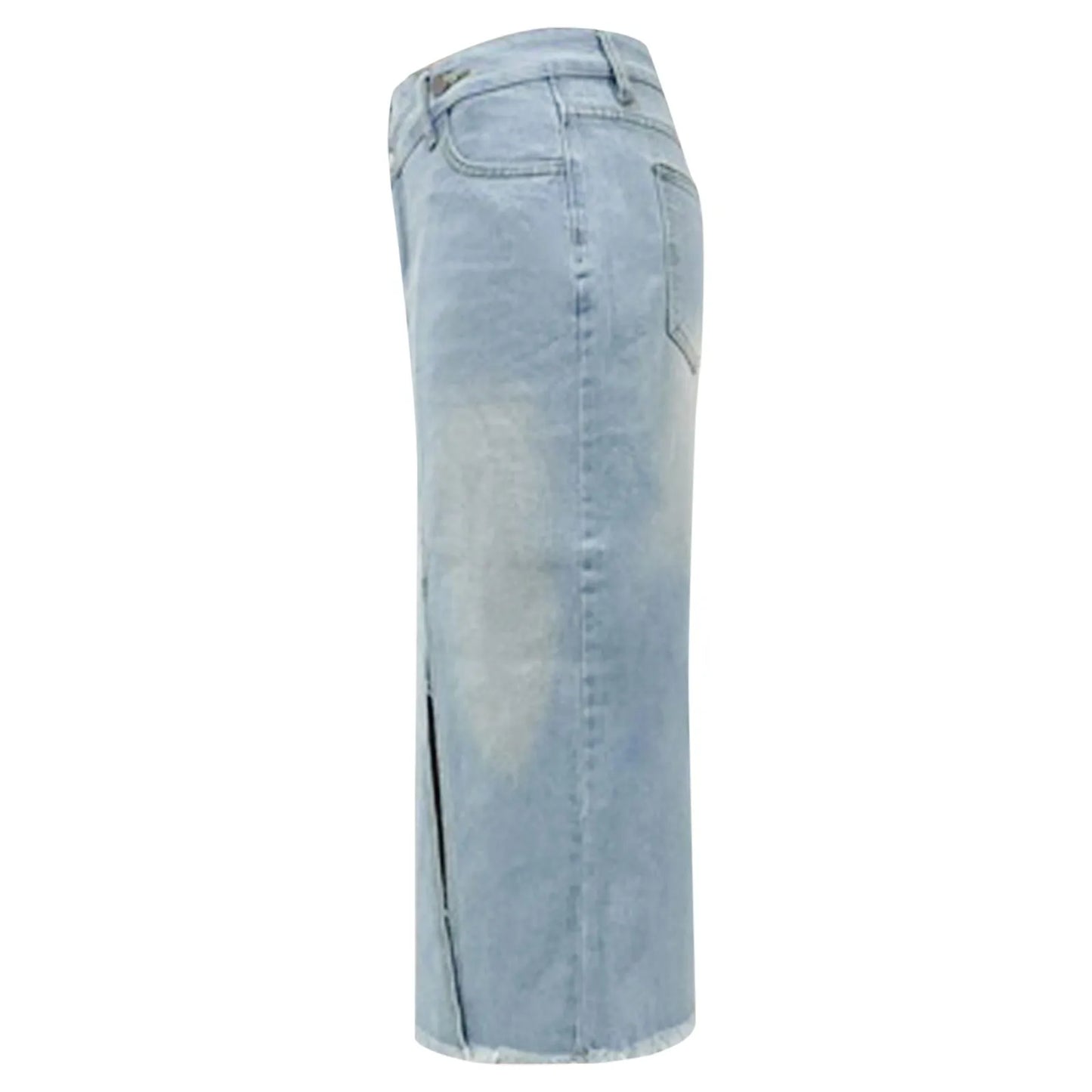Women Mid Length Jean Skirt With Pockets High Waist Front Split Bodycon Striaght Skirts Women's Washed Light Color Jean Skirt