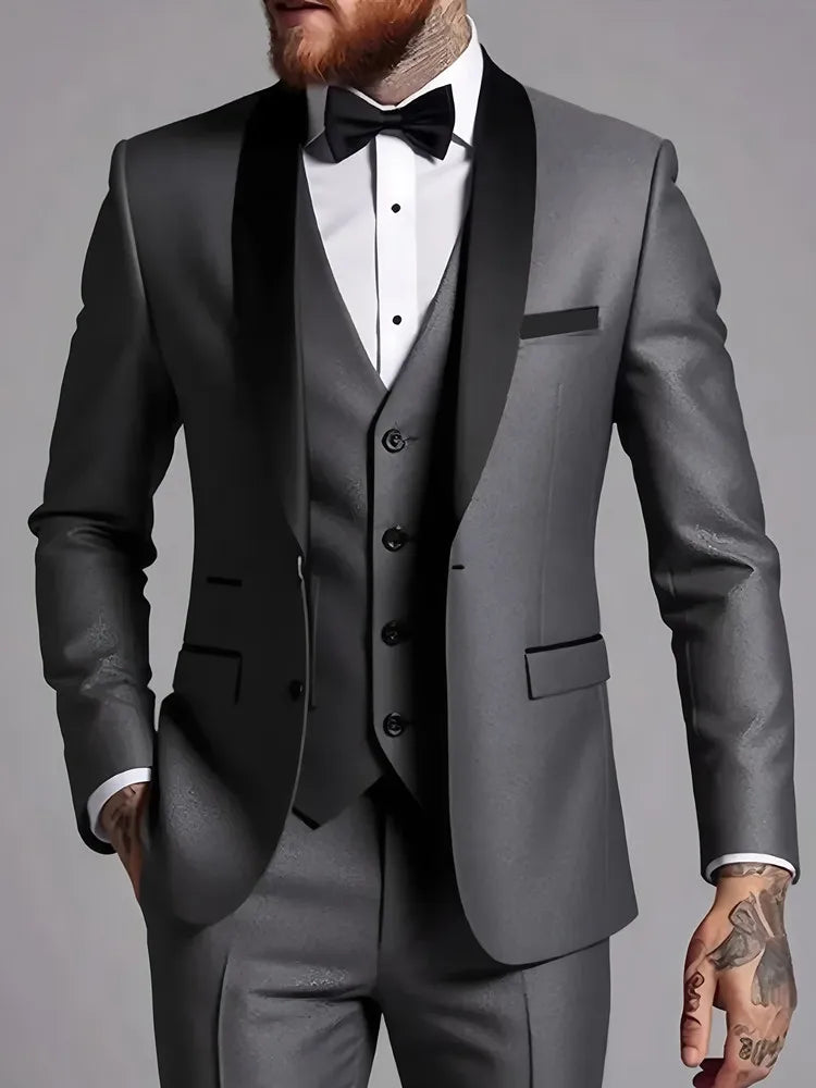 3pcs Men's Party Suit with Lapel Collar, Polyester And Viscose Blend, Skinny Fit, Solid Color, Long Sleeve, Button Front, Pants,