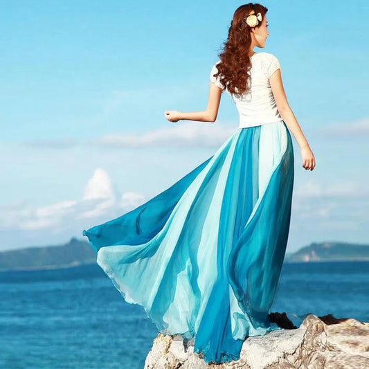 Floor Length Skirt Fashion Full Flowing Circle Color Women Chiffon Bohemian Styel Large Swing Sheer Breath Skirt for Cocktail
