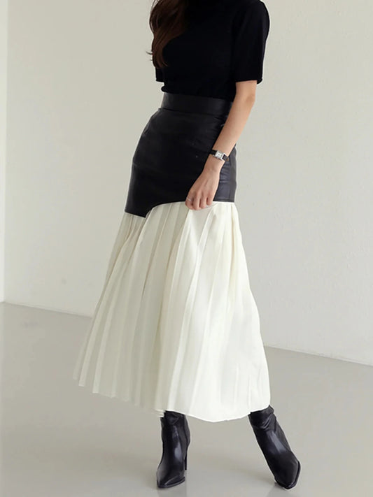 Elegant Dresses for Woman Clothing Contrast Color Pleated Midi Skirt Faux Leather Panel High Waist Edgy Chic for Streetwear
