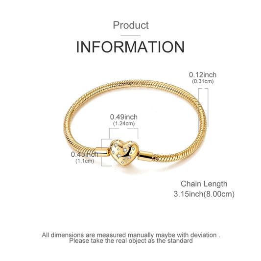 925 Sterling Silver Bracelets 17-20CM Original Golden Sparkling Heart Shaped Bracelet Fit DIY Charms Beads Fashion Women Jewelry