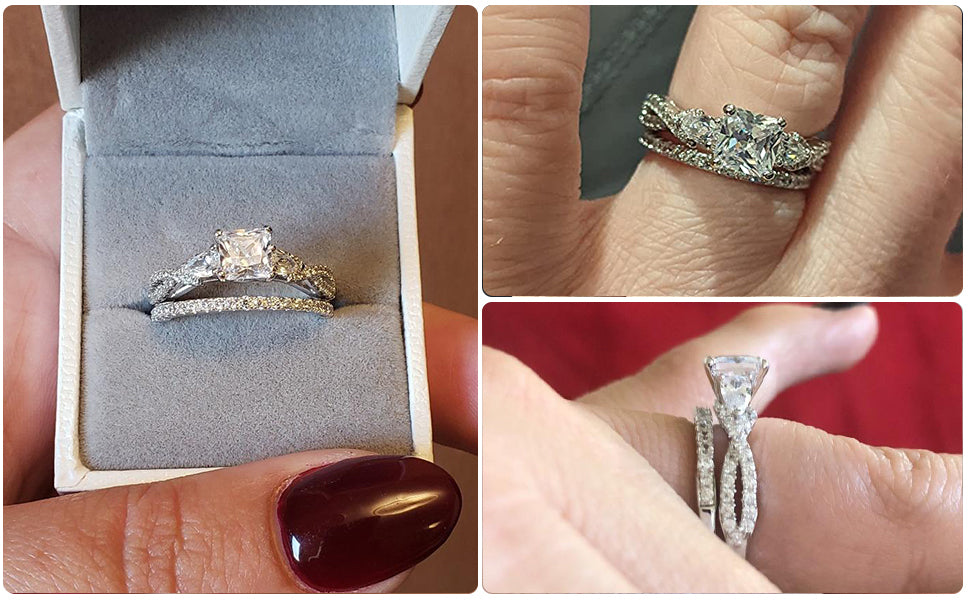 Newshe 2 Pcs Wedding Ring Set 925 Sterling Silver 1.7 Ct Princess Pear Cut AAAAA CZ Engagement Rings for Women Trendy Jewelry