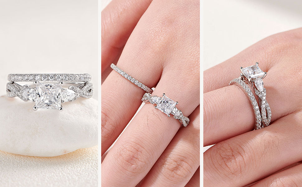 Newshe 2 Pcs Wedding Ring Set 925 Sterling Silver 1.7 Ct Princess Pear Cut AAAAA CZ Engagement Rings for Women Trendy Jewelry