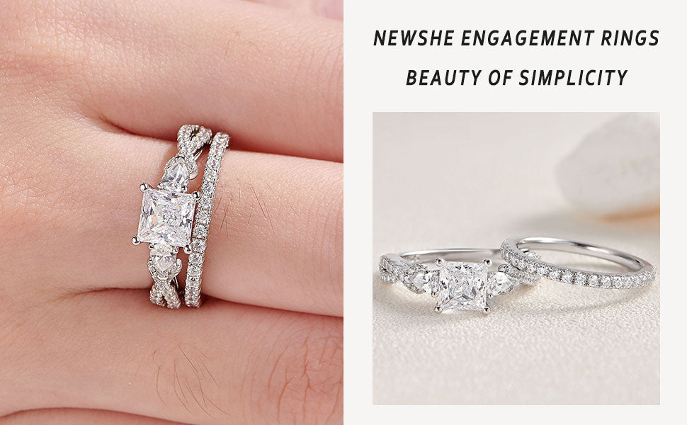 Newshe 2 Pcs Wedding Ring Set 925 Sterling Silver 1.7 Ct Princess Pear Cut AAAAA CZ Engagement Rings for Women Trendy Jewelry