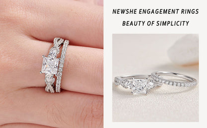 Newshe 2 Pcs Wedding Ring Set 925 Sterling Silver 1.7 Ct Princess Pear Cut AAAAA CZ Engagement Rings for Women Trendy Jewelry