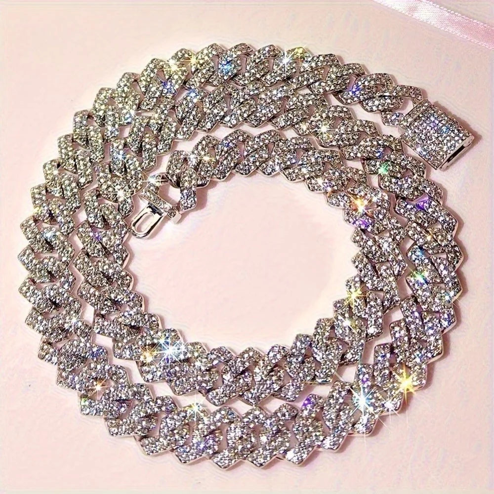 1pcs  Silvery 14Mm Square Cuban Link Chain Necklace for Men - Shining Hip Hop Cuban Chain Collarbone Necklace Set