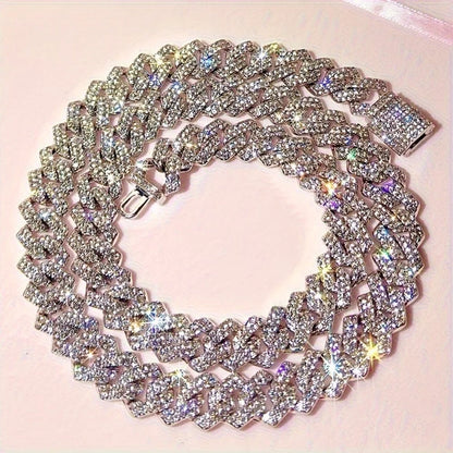 1pcs  Silvery 14Mm Square Cuban Link Chain Necklace for Men - Shining Hip Hop Cuban Chain Collarbone Necklace Set