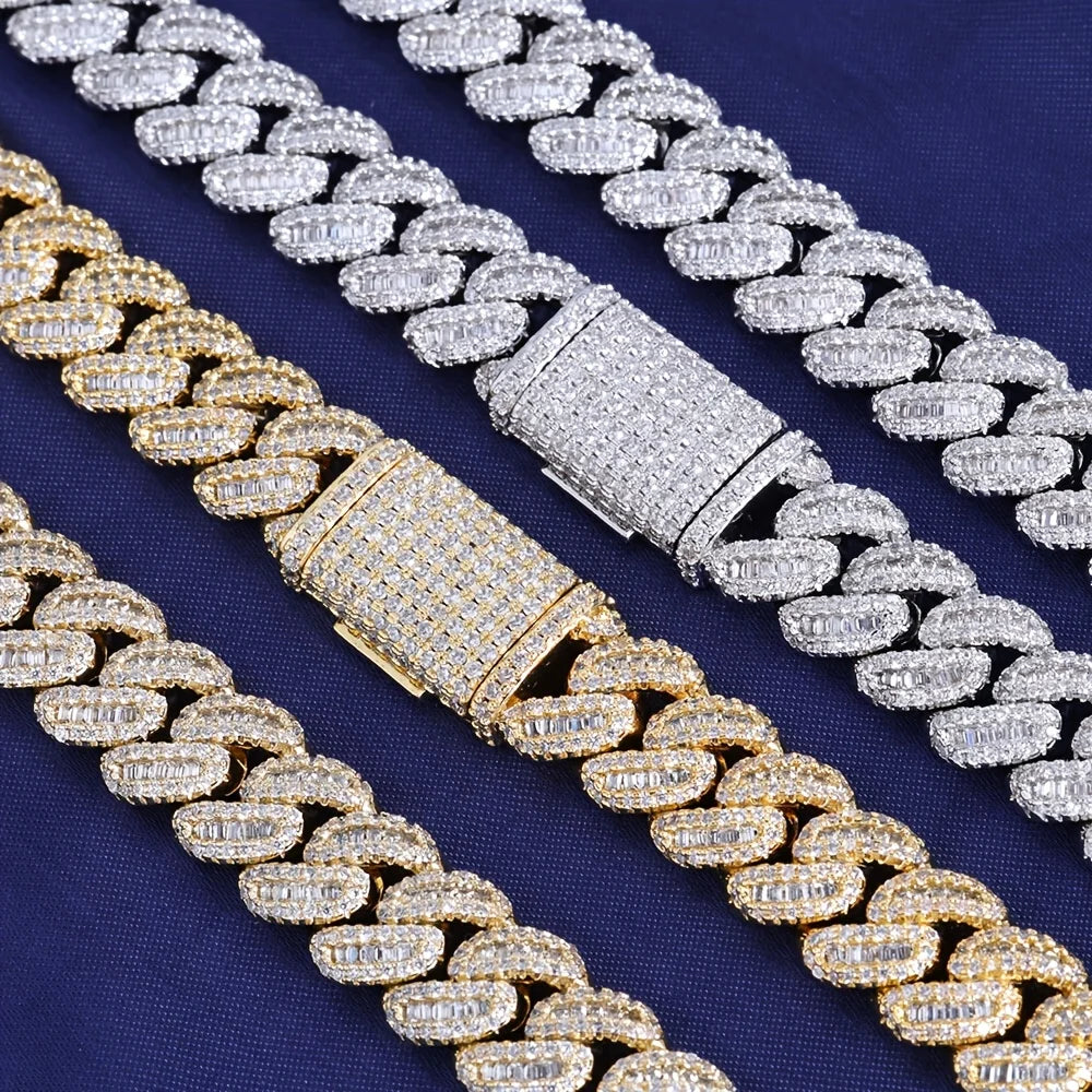 Men's 925 Sterling Silvery Cuban Chain Necklace - 12mm Thick Heavyweight Miami Chain with Moissanite Stones, Perfect for Hip-Hop