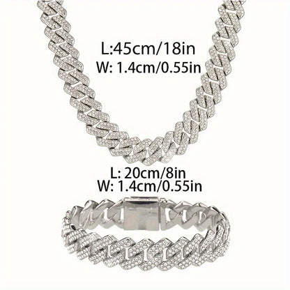 1pcs  Silvery 14Mm Square Cuban Link Chain Necklace for Men - Shining Hip Hop Cuban Chain Collarbone Necklace Set