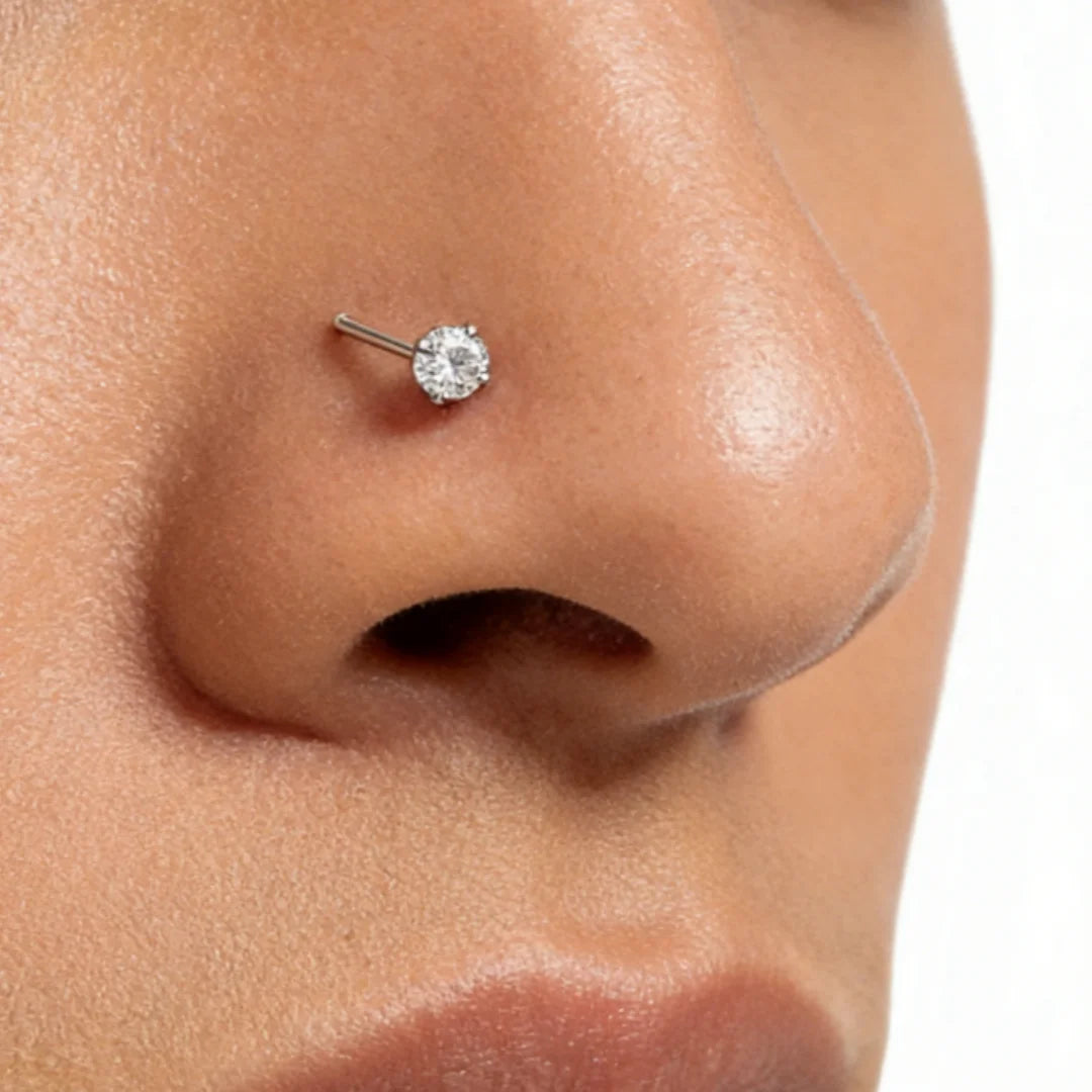 1-piece silver 3mm round nose stud, stainless steel titanium steel L-shaped piercing ornament, white accent nose ring.
