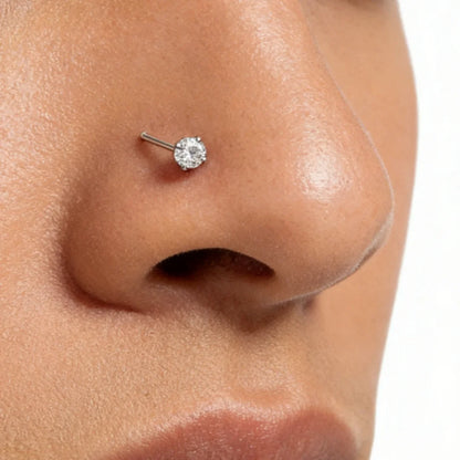 1-piece silver 3mm round nose stud, stainless steel titanium steel L-shaped piercing ornament, white accent nose ring.