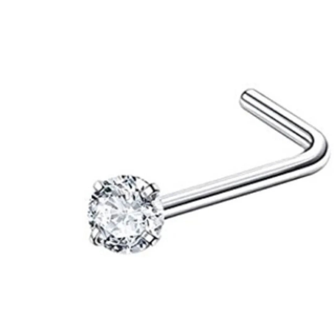 1-piece silver 3mm round nose stud, stainless steel titanium steel L-shaped piercing ornament, white accent nose ring.