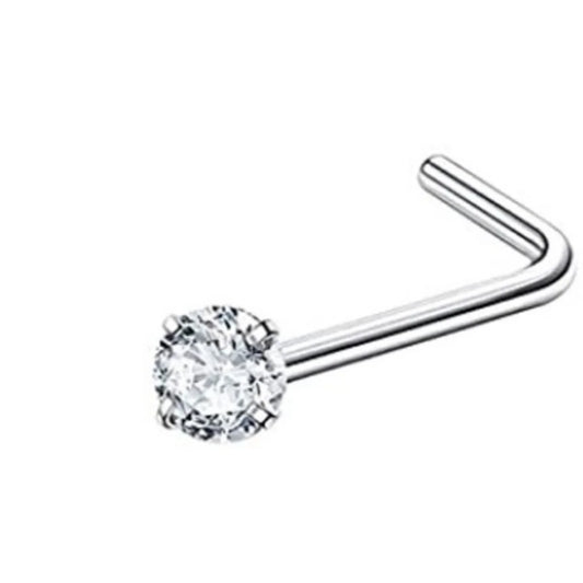 1-piece silver 3mm round nose stud, stainless steel titanium steel L-shaped piercing ornament, white accent nose ring.
