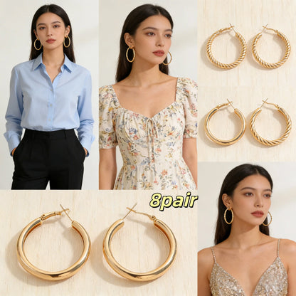 8-Pair Gold Earrings Set for Women: Hypoallergenic Stud & Dangle Styles for Daily Versatile Wear