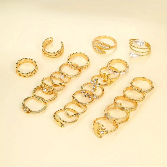 22Pcs Vintage Ring Set Evil Eye Moon Sun Chain Emblem Mixed Jewelry for Women Girls Daily Party Accessories