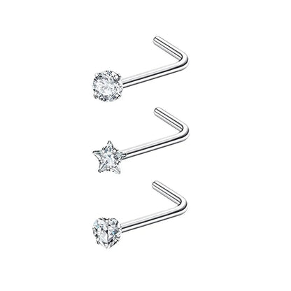 1-piece silver 3mm round nose stud, stainless steel titanium steel L-shaped piercing ornament, white accent nose ring.