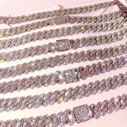 1pcs  Silvery 14Mm Square Cuban Link Chain Necklace for Men - Shining Hip Hop Cuban Chain Collarbone Necklace Set