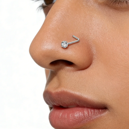 1-piece silver 3mm round nose stud, stainless steel titanium steel L-shaped piercing ornament, white accent nose ring.