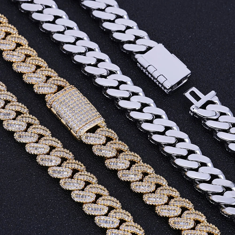 Men's 925 Sterling Silvery Cuban Chain Necklace - 12mm Thick Heavyweight Miami Chain with Moissanite Stones, Perfect for Hip-Hop