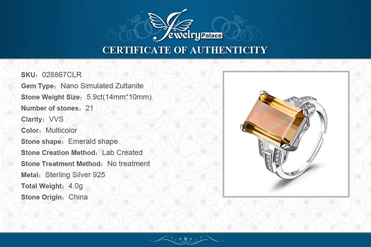 JewelryPalace Huge 6ct Emerald Cut Simulated Color Change Diaspore Open Adjustable Cocktail Ring 925 Sterling Silver