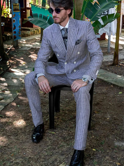 Summer Linen Cotton Suits Custom Made to Measure Men Suit Tailor Made Suits Light Weight Summer Suits Denim Blue Chalk Stripe