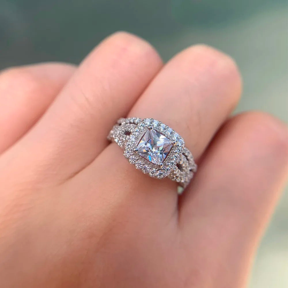 Newshe 2 Pcs 925 Sterling Silver Engagement Ring Wedding Band For Women Princess Cut White AAAAA Cubic Zirconia Classic Jewelry