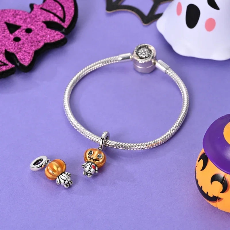 2025 New Halloween Charm Emit Light Bead 925 Sterling Silver Pumpkin Witch Skull Charm Fit Bracelet Pendant Women Jewelry Making