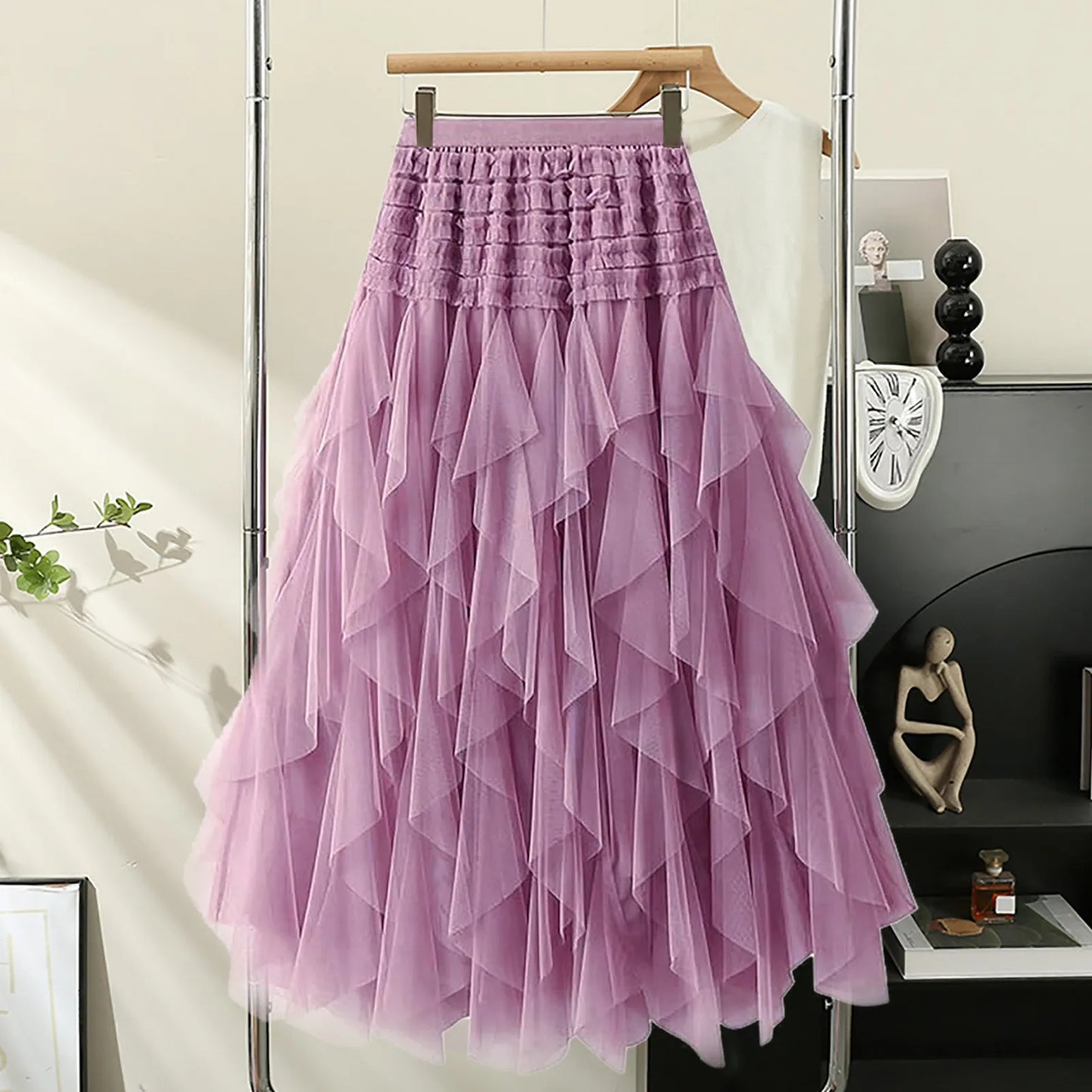 Tulle Skirts For Women High Elastic Waist Multi Layered Tulle Mesh Patchwork Long Fairy Skirt Plain Big Swing A Line Skirts