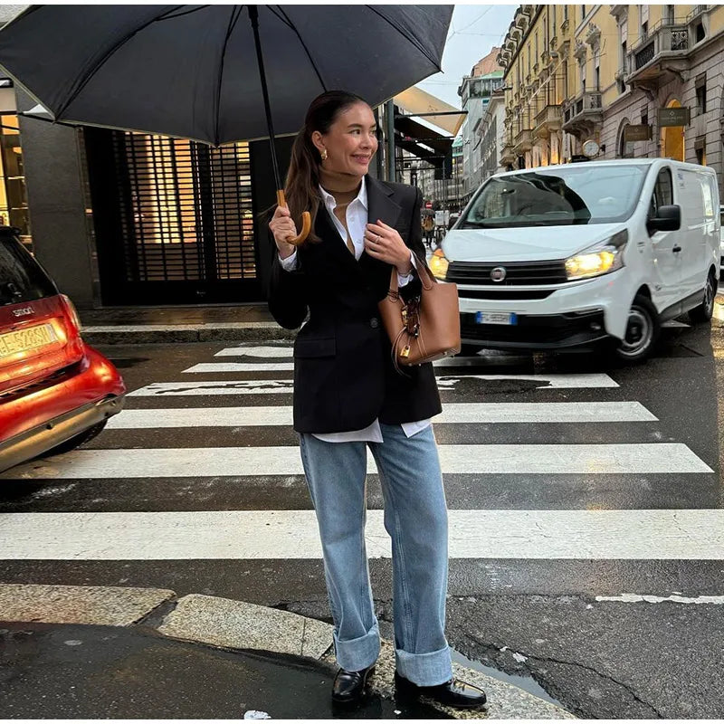 Elegant Black Slim Fit Blazer Jacket Women Retro Lapel Single Breasted Suit Jackets Female 2025 Chic Versatile Street Office