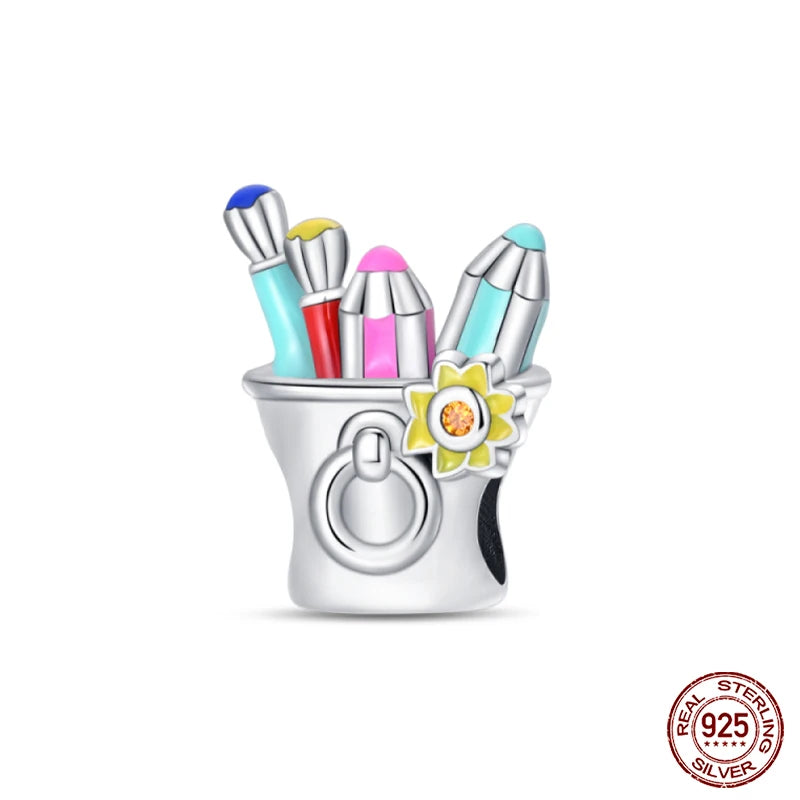 925 Sterling Silver Artist Brush Tools Color Palette Oil Painting Charms Beads Fit Qikaola Original Bracelets DIY Jewelry Gifts
