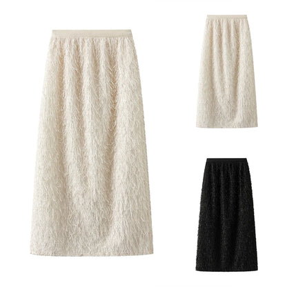 Women's Autumn And Winter Mid Length Skirt Feather Tassel Soft And Comfortable Wrap Hip Solid Color Commuting New Chic Skirt