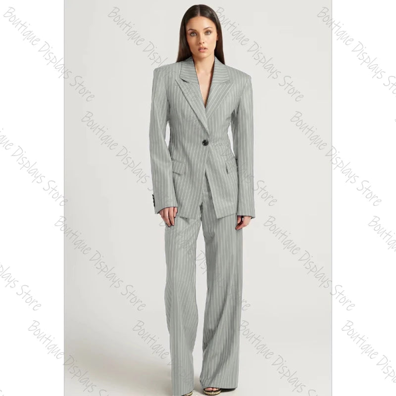 Tibetan Blue Stripe Single Button Women Pants Set High-end Female Two Pieces(Jacket+Trousers)أطقم بناطيل