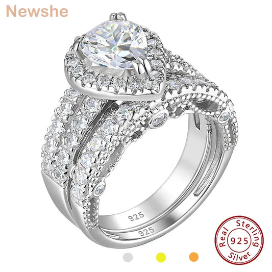Newshe 925 Sterling Silver Wedding Engagement Rings Set for Women Pear Cut AAAAA CZ Imitation Diamond Vintage Bridal Jewelry