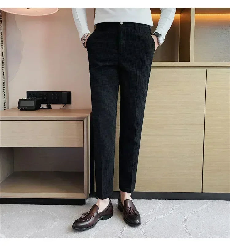Fashion Business Casual Men's Pants Cropped Pants Waffle Pattern New Trend Spring Summer Casual Trousers Dark Green White 28-38