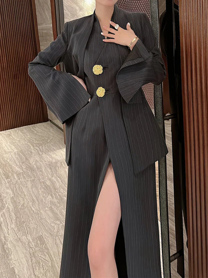 BZVW Women's 2 Pieces Sets Fashion Striped Suit Jacket V-neck Sleeveless Single Breasted Slit Dress Autumn 2025 New 5R5493