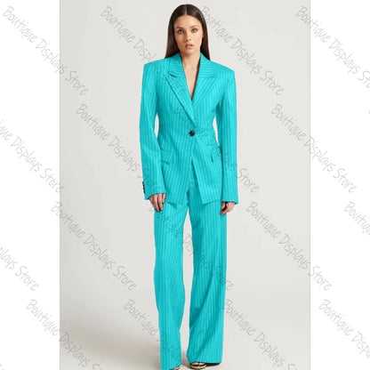 Tibetan Blue Stripe Single Button Women Pants Set High-end Female Two Pieces(Jacket+Trousers)أطقم بناطيل