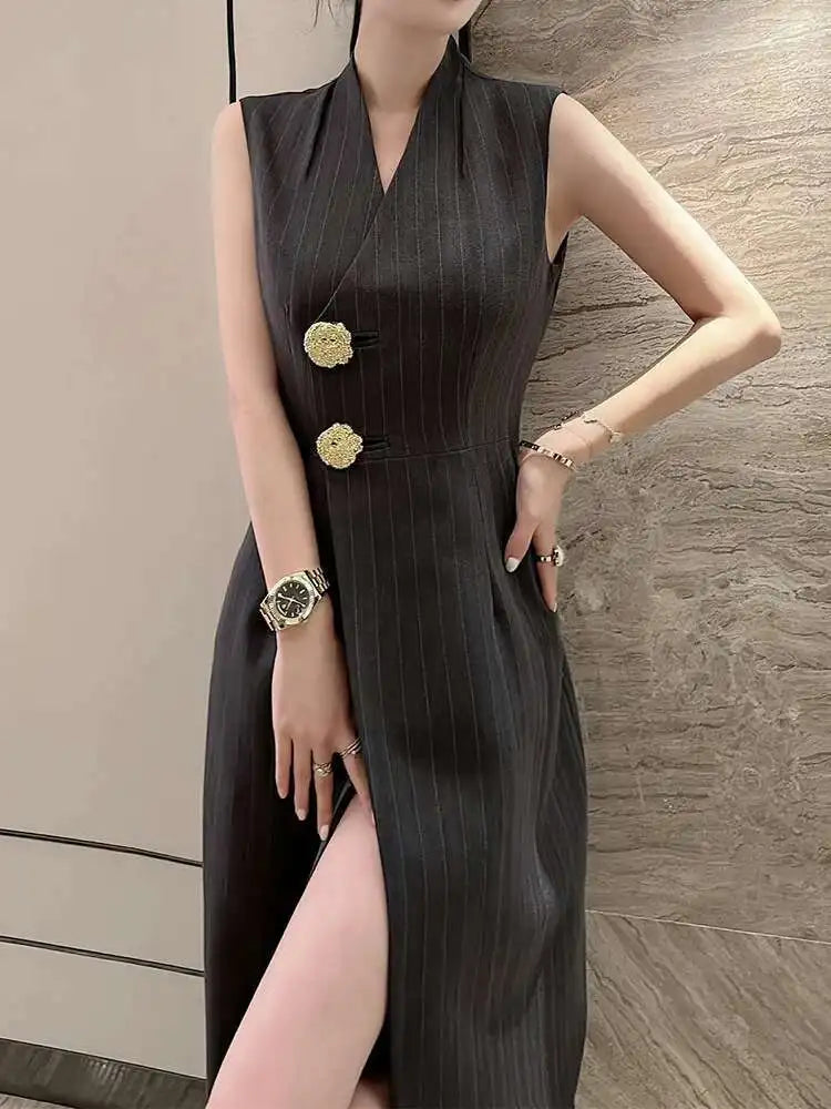 BZVW Women's 2 Pieces Sets Fashion Striped Suit Jacket V-neck Sleeveless Single Breasted Slit Dress Autumn 2025 New 5R5493
