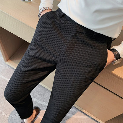 Fashion Business Casual Men's Pants Cropped Pants Waffle Pattern New Trend Spring Summer Casual Trousers Dark Green White 28-38