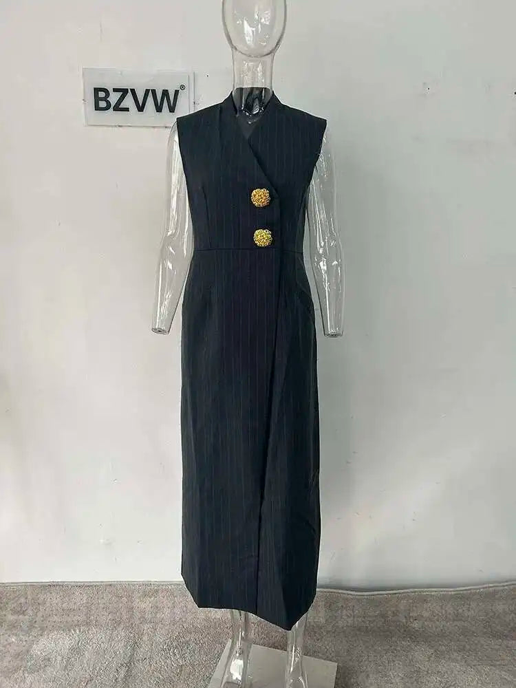 BZVW Women's 2 Pieces Sets Fashion Striped Suit Jacket V-neck Sleeveless Single Breasted Slit Dress Autumn 2025 New 5R5493