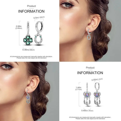 925 Sterling Silver Colorful Crystal Clover Hoop Earrings Stud Ear Wires For Women Wedding Engagement Girlfriend Birthday Gift