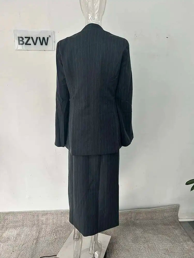 BZVW Women's 2 Pieces Sets Fashion Striped Suit Jacket V-neck Sleeveless Single Breasted Slit Dress Autumn 2025 New 5R5493