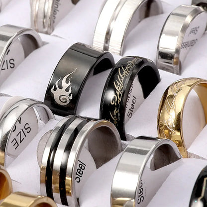 Wholesale 100 Pcs/box Fashion Stainless Steel Love Stripe Rings Punk Trendy Jewelry For Women Men Mix Style Size Party Gift