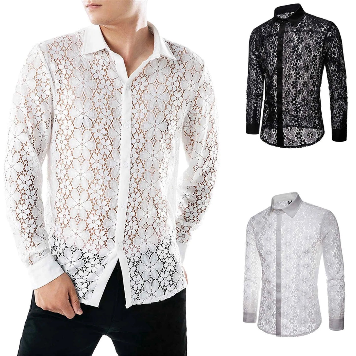High Quality Men'S Shier Luxury Designer Pure Color Fashion Full Lace Club Men Clothing  Hollow Long Sleeves Lapel Shirt рубашка