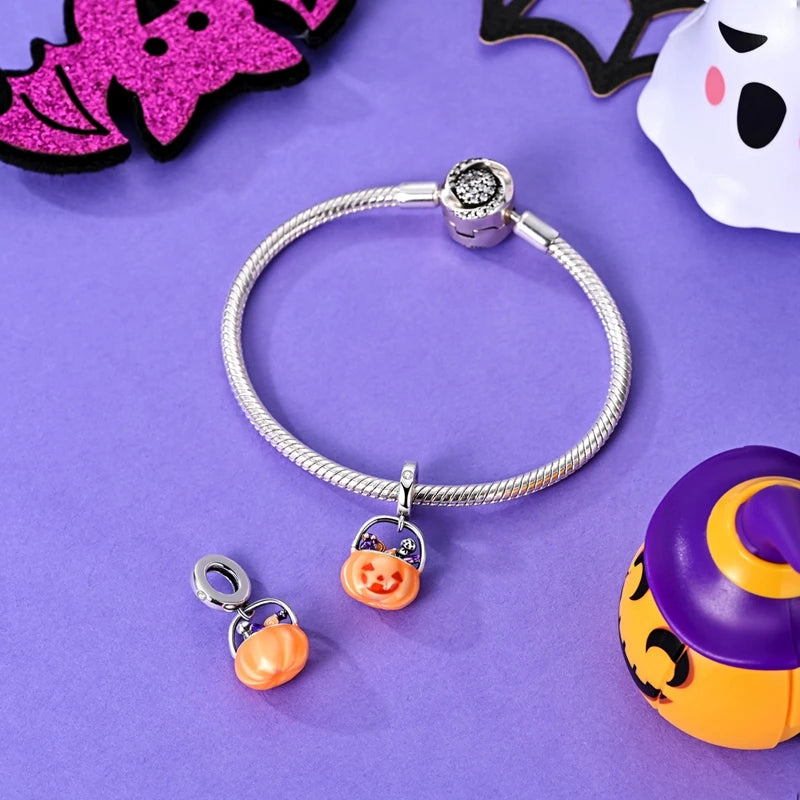 2025 New Halloween Charm Emit Light Bead 925 Sterling Silver Pumpkin Witch Skull Charm Fit Bracelet Pendant Women Jewelry Making