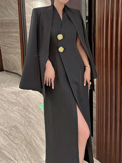 BZVW Women's 2 Pieces Sets Fashion Striped Suit Jacket V-neck Sleeveless Single Breasted Slit Dress Autumn 2025 New 5R5493