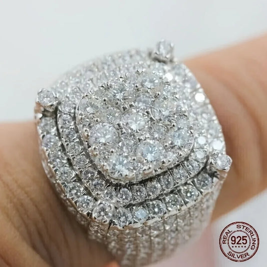 3Ct Men's 925 Sterling Silver Cluster Engagement Ring Luxury Platinum Plated Square Icy Out Hip Hop Rock Rings Jewelry